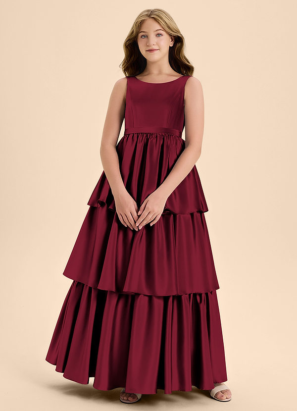 Azazie Meadowyn Junior Vestido de Borgoña de Satén Elástico de Corte En A con Lazo image1