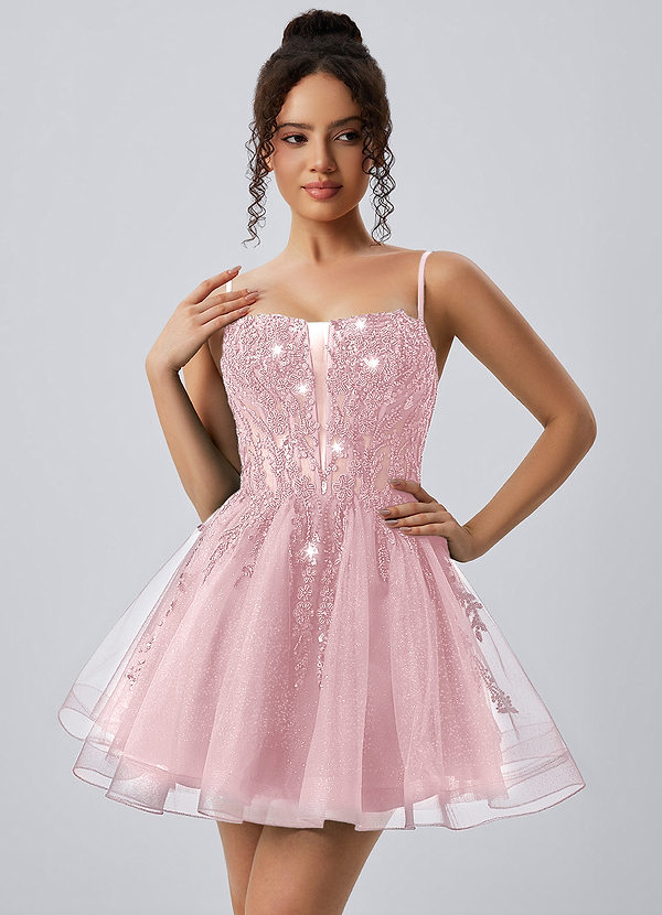 Odette Roze Mini-jurk met spaghettibandjes, pailletten, tule en vetersluiting image1