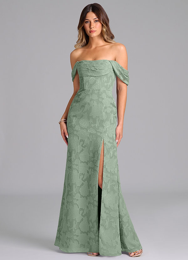 Azazie Saige Bridesmaid Dresses Matcha A-Line Off the Shoulder Floral Burnout Convertible Dress image1