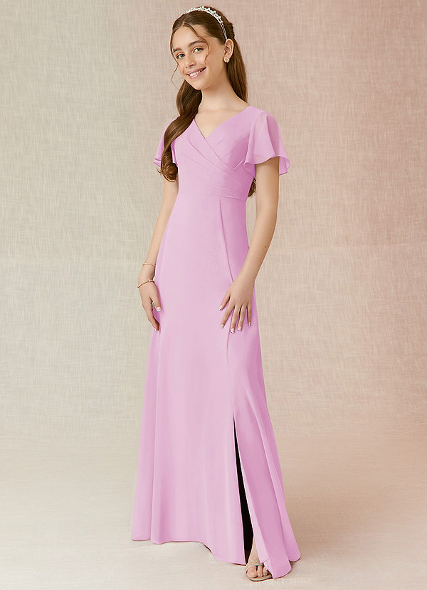 Azazie Induh Junior Candy Pink A-Line Ruched Chiffon Dress image1