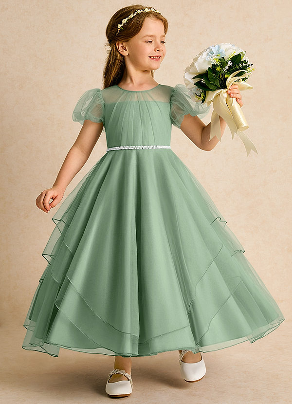 Azazie Duckie Abiti da Ragazza di Fiori Abito Principessa in Tulle Plissettato Matcha image1