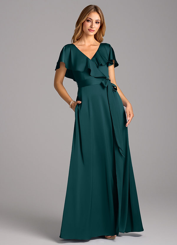 Azazie Lainey Bridesmaid Dresses Pine A-Line with Pockets Stretch Satin Dress image1