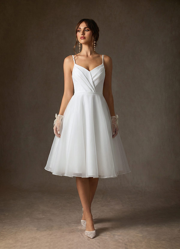 Azazie Ardea Wedding Dresses Diamond White A-Line V-Neck Pleated Stretch Crepe Dress image1
