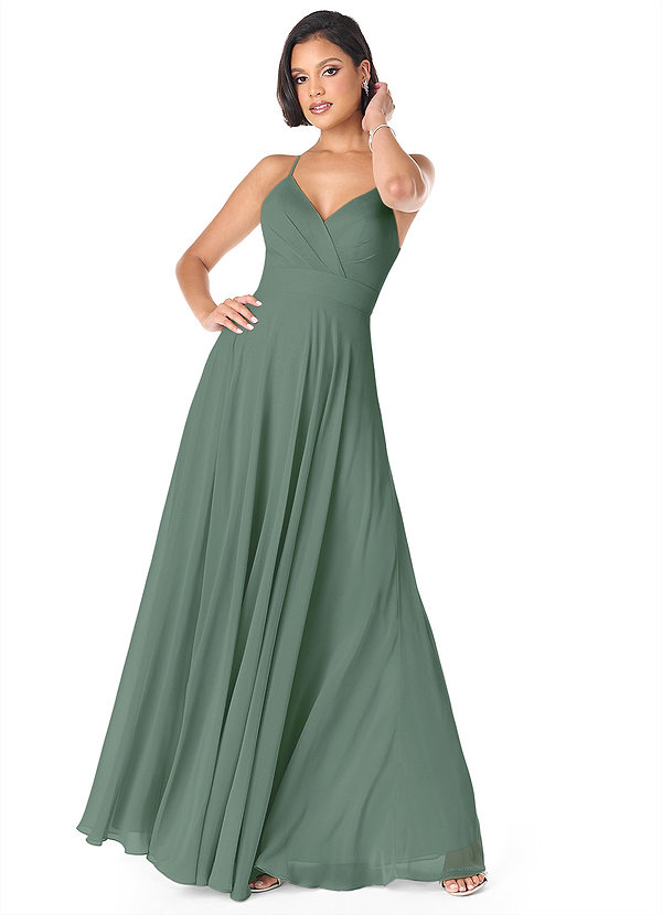 Azazie Avelina Bridesmaid Dresses Eucalyptus A-Line V-Neck Pleated Chiffon Dress image1
