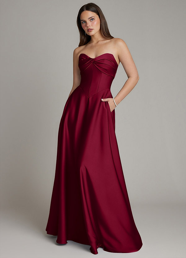 Azazie Meleena Bridesmaid Dresses Burgundy A-Line Strapless Stretch Satin Dress image1