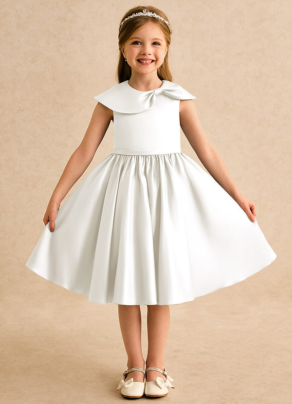 Azazie Acorn Flower Girl Dresses Ivory A-Line Pleated Matte Satin Dress image1