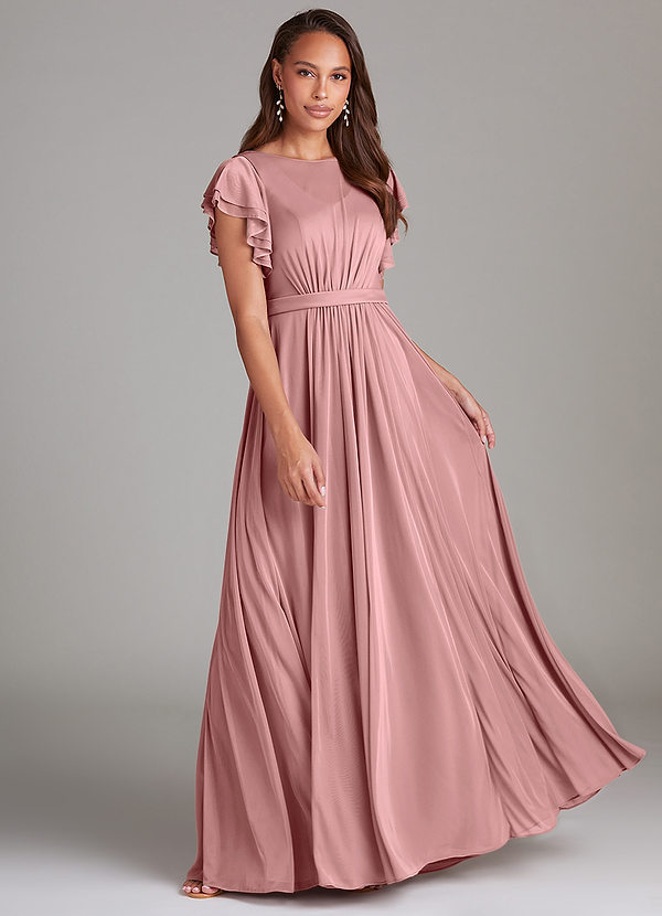 Azazie Daphne Modest Bridesmaid Dresses A-Line Ruched Mesh Floor-Length Dress image1