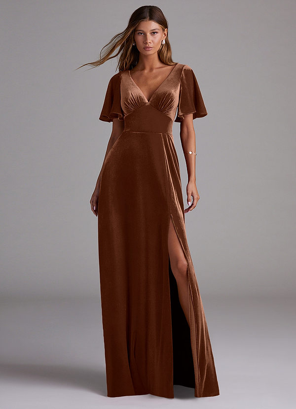 Azazie Kimber Bridesmaid Dresses Umber A-Line with Pockets Velvet Dress image1