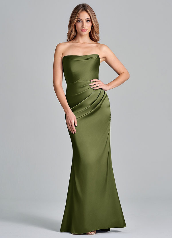 Azazie Olea 신부 들러리 드레스 인어 스트랩리스 스트레치 새틴 바닥 길이 드레스 image1