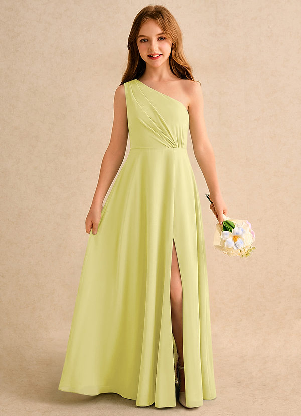 Azazie Puddles Girls Formal Vestidos de Niña de Flores Vestido de Sorbete De Limón de Gasa de Corte en A con Hombro unilateral image1