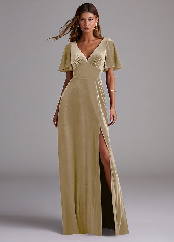 Azazie Kimber Bridesmaid Dresses Golden Tan A-Line with Pockets Velvet Dress image1