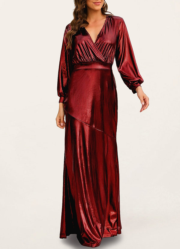 Burgundy Cambridge Burgundy Metallic Long Sleeve Maxi Dress Dresses ...