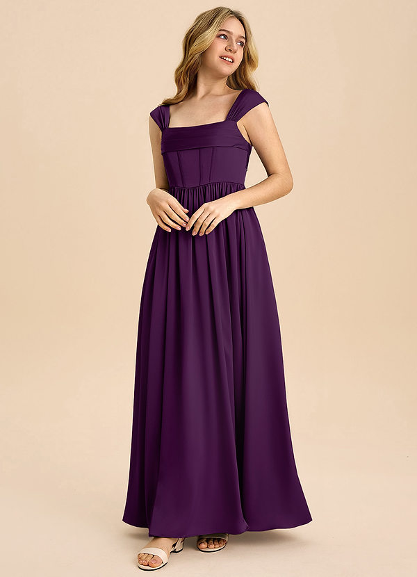 Azazie Hattie Junior Abito A-Line in Raso Elasticizzato Plissettato Uva image1