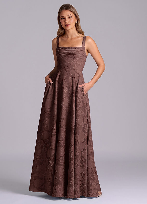 Azazie Shaude Bridesmaid Dresses Espresso A-Line Pleated Floral Burnout Dress image1