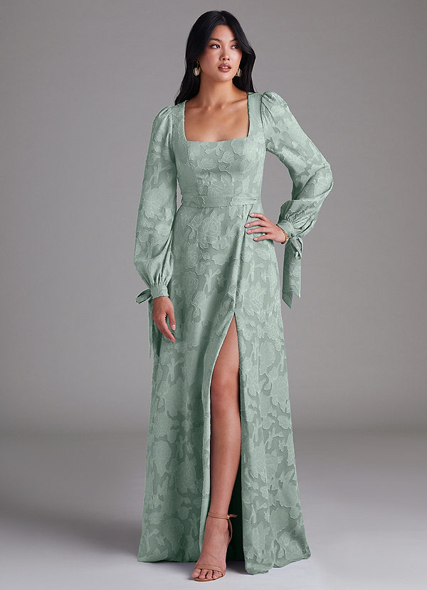 Azazie Leonia Brautjungfernkleider A-Linie Langarm Blumen-Burnout Kleid Agave image1