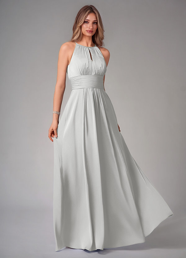 Azazie Bonnie Bridesmaid Dresses Silver A-Line Pleated Stretch Satin Dress image1