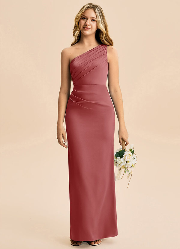 Azazie Akilah Junior Jurk van Stretch Satijn met Kolom Geplooid Antieke Roos image1