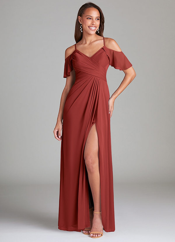 Azazie Dakota Bridesmaid Dresses Rust A-Line Off the Shoulder Mesh Dress image1