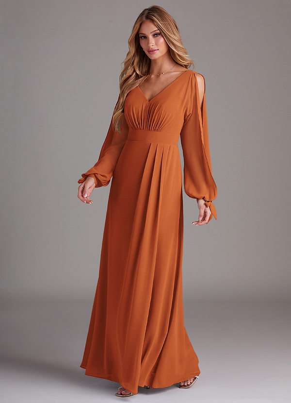 Azazie Matilda Bridesmaid Dresses Cinnamon A-Line Long Sleeve Chiffon Dress image1