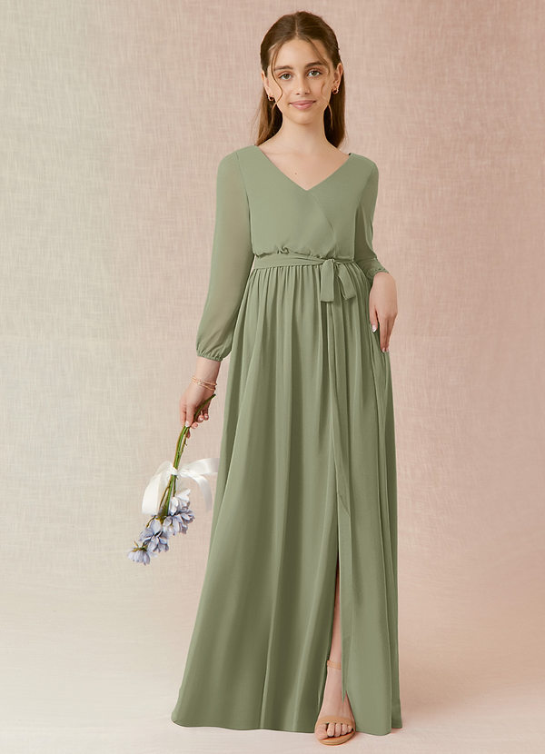Azazie Angelica Junior Abito A-Line in Chiffon Plissettato Pistacchio image1