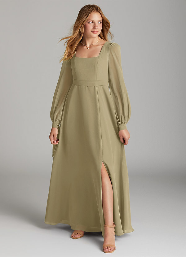 Azazie Leonia Junior Moss Green A-Line with Pockets Chiffon Dress image1