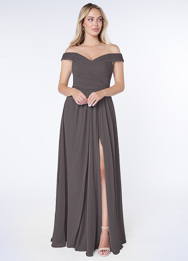Azazie Audrianna Vestidos de dama de honor Vestido de Gris Acero de Gasa de Corte En A Convertible con Hombros descubiertos image1