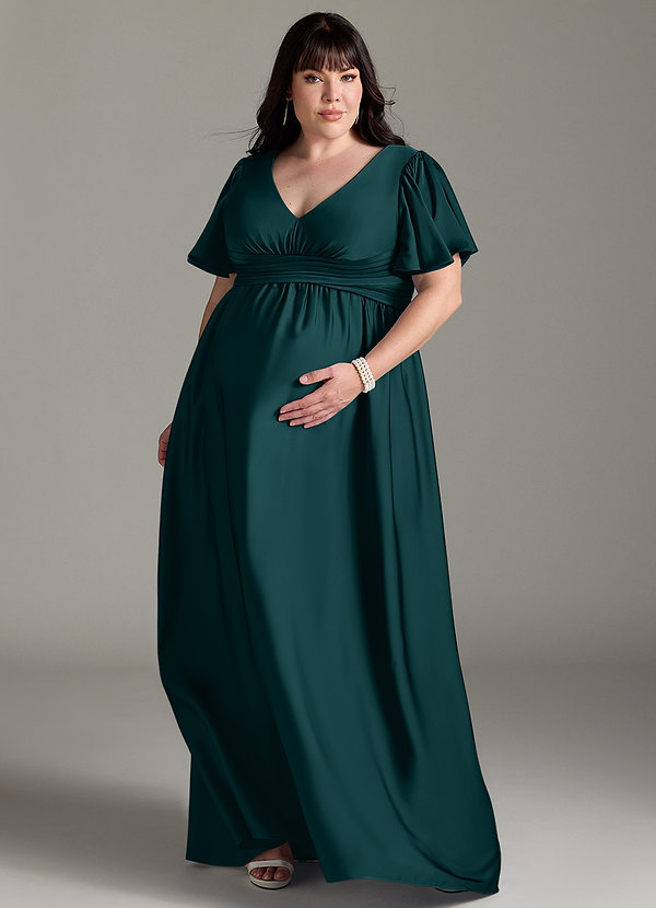 Azazie Verna Maternity Bridesmaid Dresses A-Line Ruched Stretch Satin Floor-Length Dress image1
