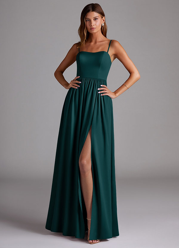 Azazie Calianna Bridesmaid Dresses Pine A-Line Off the Shoulder Stretch Satin Convertible Dress image1