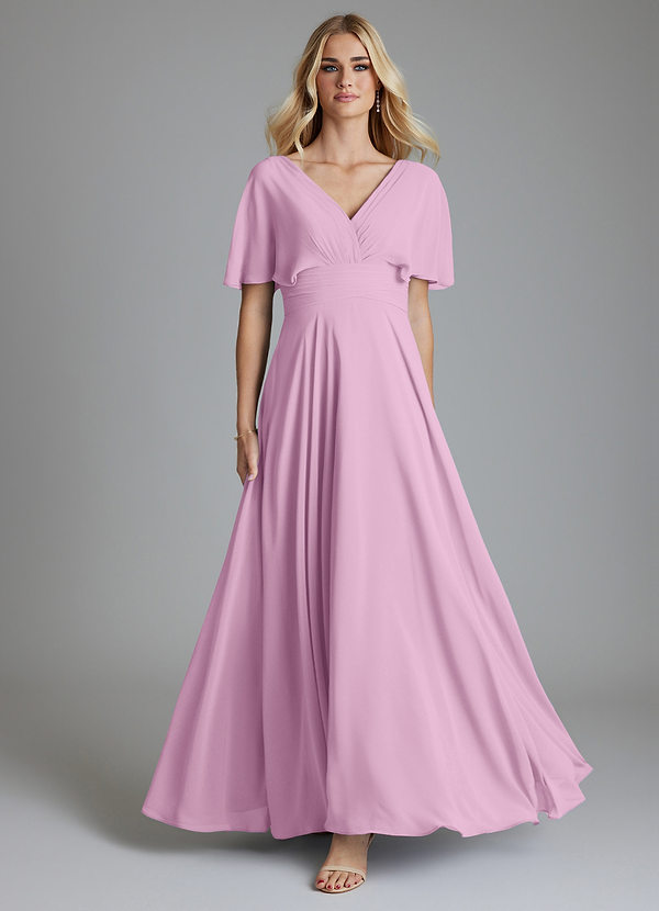 Azazie Pamela Bridesmaid Dresses Candy Pink A-Line V-Neck Pleated Chiffon Dress image1