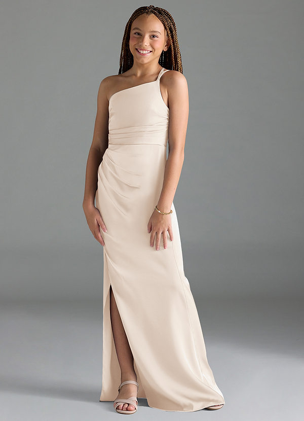 Azazie Eren Junior White Alabaster Sheath Pleated Stretch Satin Dress image1