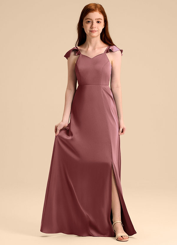 Azazie Everett Junior Vestido de Amatista de Satén Elástico de Corte en A con Lazo image1