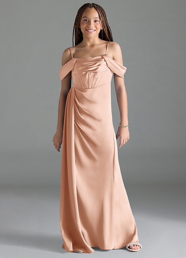 Azazie Amyra Junior Rose Gold Sheath Off the Shoulder Stretch Satin Dress image1