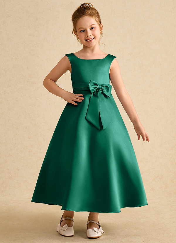 Azazie Eve Abiti da Ragazza di Fiori Abito A-Line in Raso Opaco Plissettato Smeraldo image1