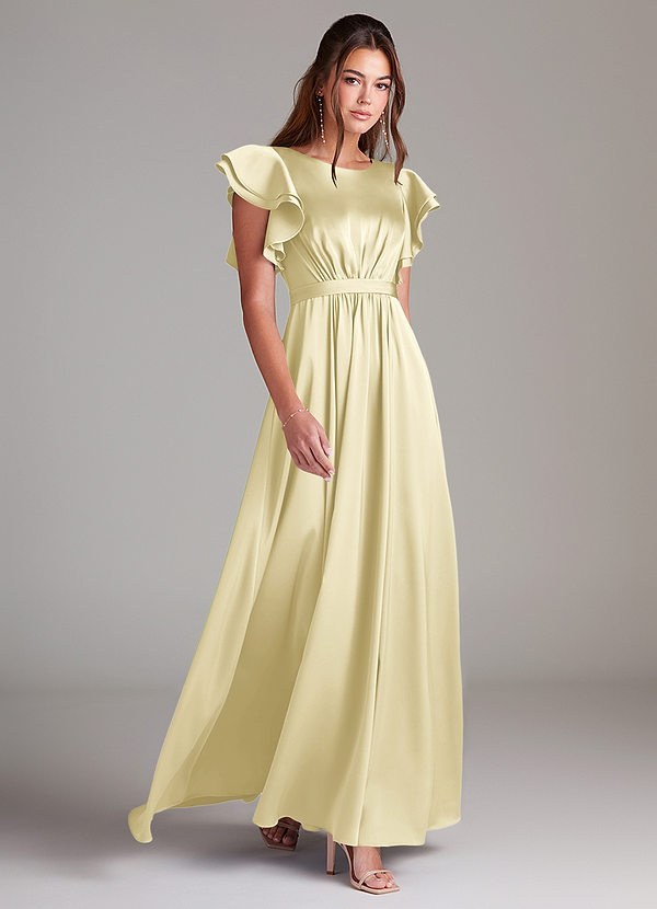 Azazie Daphne Modest Bridesmaid Dresses A-Line Ruched Stretch Satin Floor-Length Dress image1