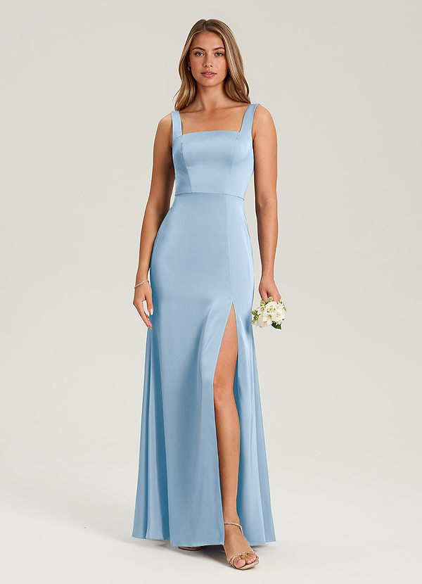 Azazie Frostine Bridesmaid Dresses Powder Blue A-Line Bow Stretch Satin Dress image1