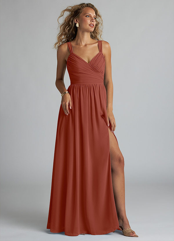 Azazie Aziza Bridesmaid Dresses Auburn A-Line V-Neck Pleated Chiffon Dress image1