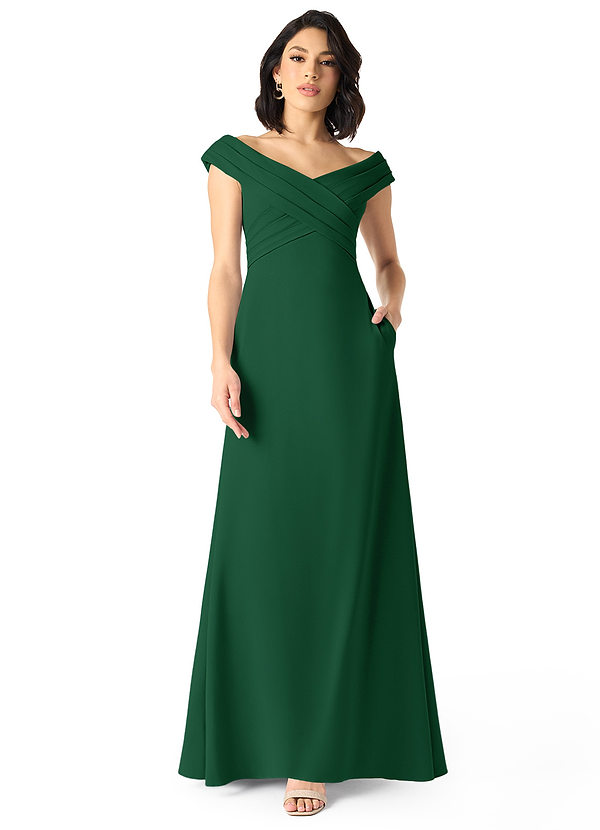 Azazie Evita Bridesmaid Dresses Dark Green A-Line Off the Shoulder Stretch Crepe Dress image1