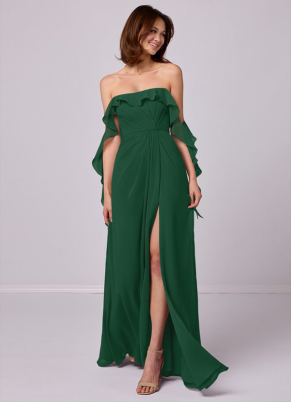 Barbie ♥ Azazie Bruidsmeisjes Jurken Converteerbaar Jurk van Chiffon met A-Lijn Off the Shoulder Donkergroen image1