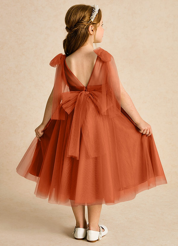 Azazie Dori Robes de Fillette d'Honneur Robe Trapèze en Tulle Rayé Orange Brûlée image1