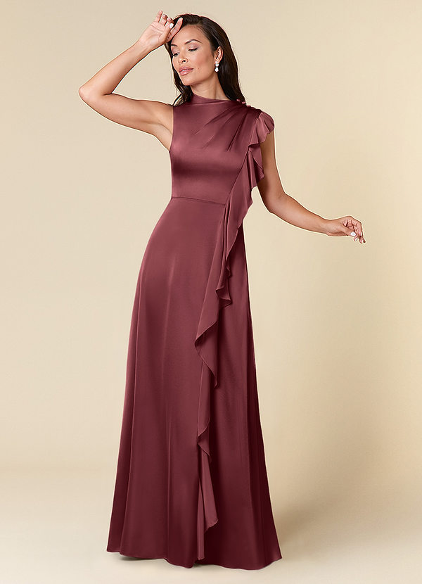 Azazie Narine Mother of the Brides Dresses Merlot A-Line High Neckline Pleated Stretch Satin Dress image1