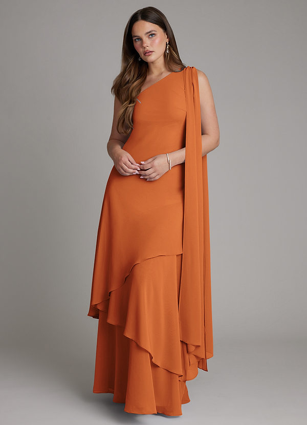 Azazie Monique Bridesmaid Dresses Cinnamon A-Line One Shoulder Chiffon Dress image1