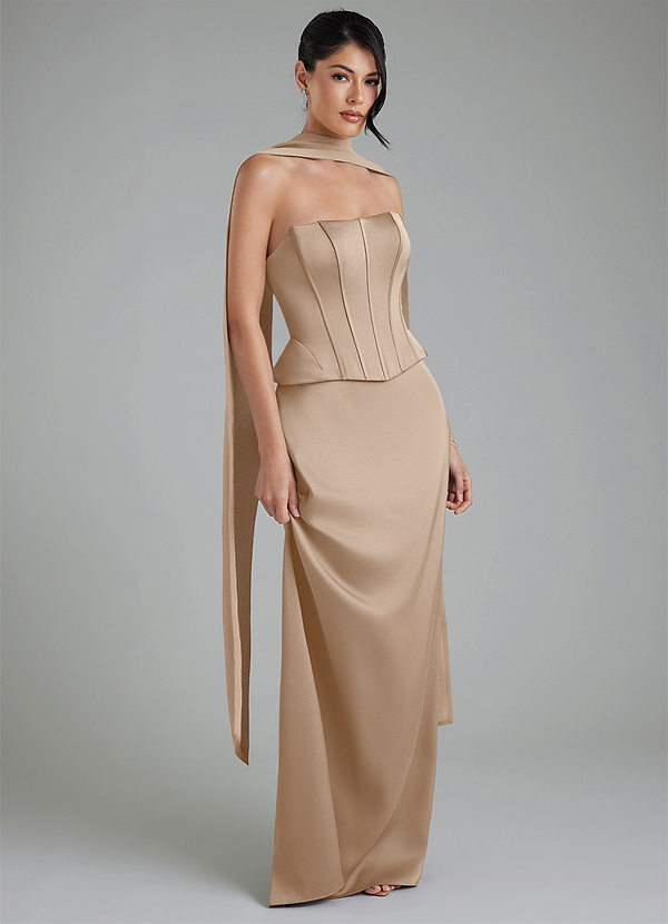 Azazie River Bridesmaid Dresses Taupe Sheath Corset Stretch Satin Convertible Dress image1