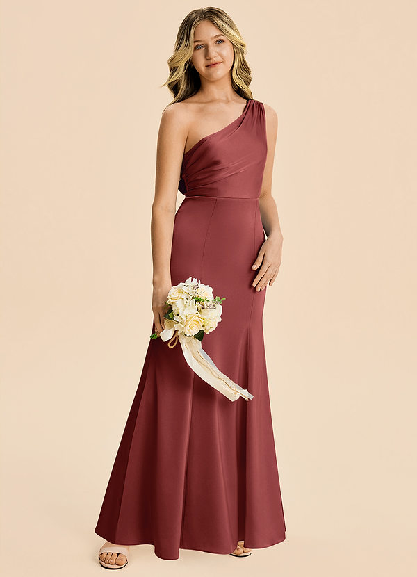 Azazie Ren Junior A-Linie Plissee Stretch-Satin Kleid Terrakotta image1