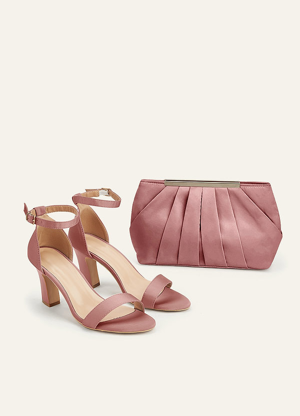 front Matching Color Stretch Satin Chunky Heel Sandals & Pleated Clutch Set