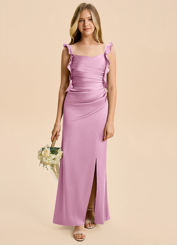 Azazie Jessamine Junior Candy Pink Sheath Ruched Stretch Satin Dress image1