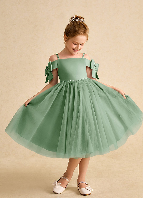 Azazie Amie Flower Girl Dresses Matcha A-Line Off the Shoulder Matte Satin Dress image1