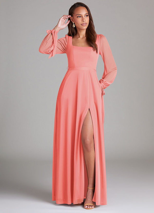 Azazie Leonia Bridesmaid Dresses Coral A-Line Long Sleeve Mesh Dress image1