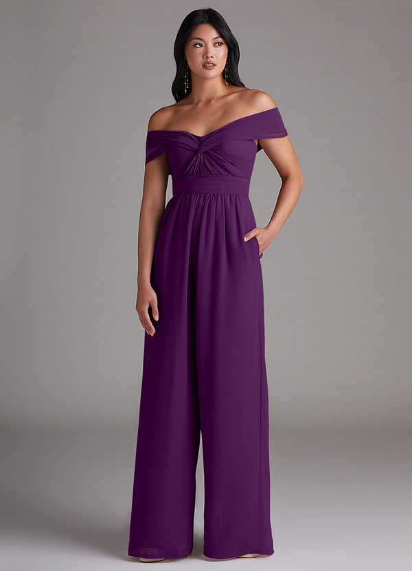 Azazie Lamara Bruidsmeisjes Jurken Converteerbaar Jumpsuit van Chiffon Off the Shoulder Druif image1