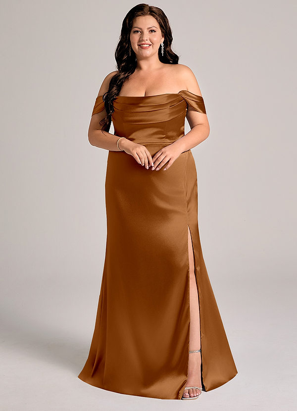 Azazie Saige Abiti da Damigella Abito Convertibile Tubino in Raso Metallizzato a Spalla Scoperta Rame image1