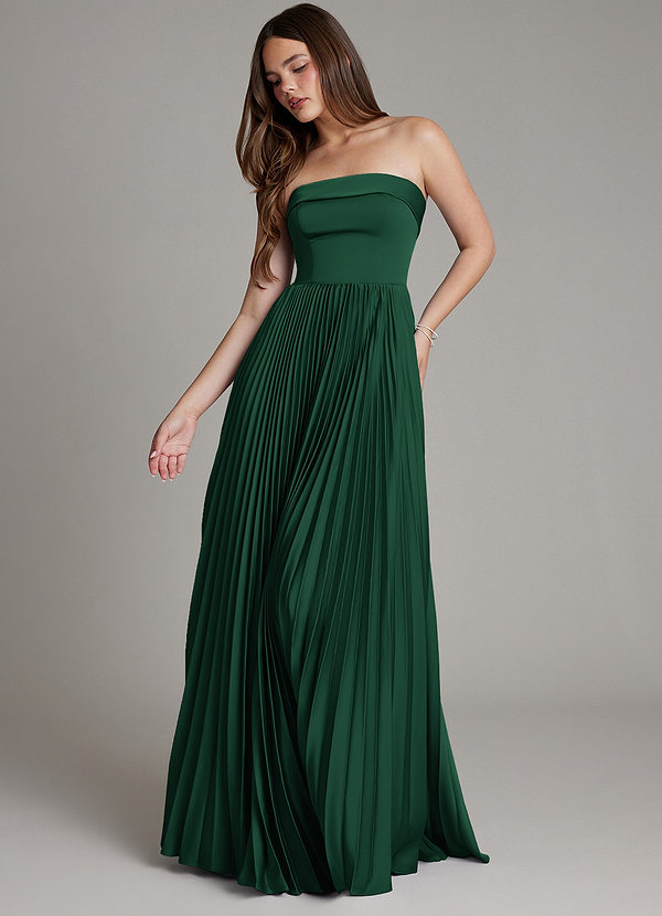 Azazie Mariana Bridesmaid Dresses Dark Green A-Line Pleated Stretch Satin Dress image1